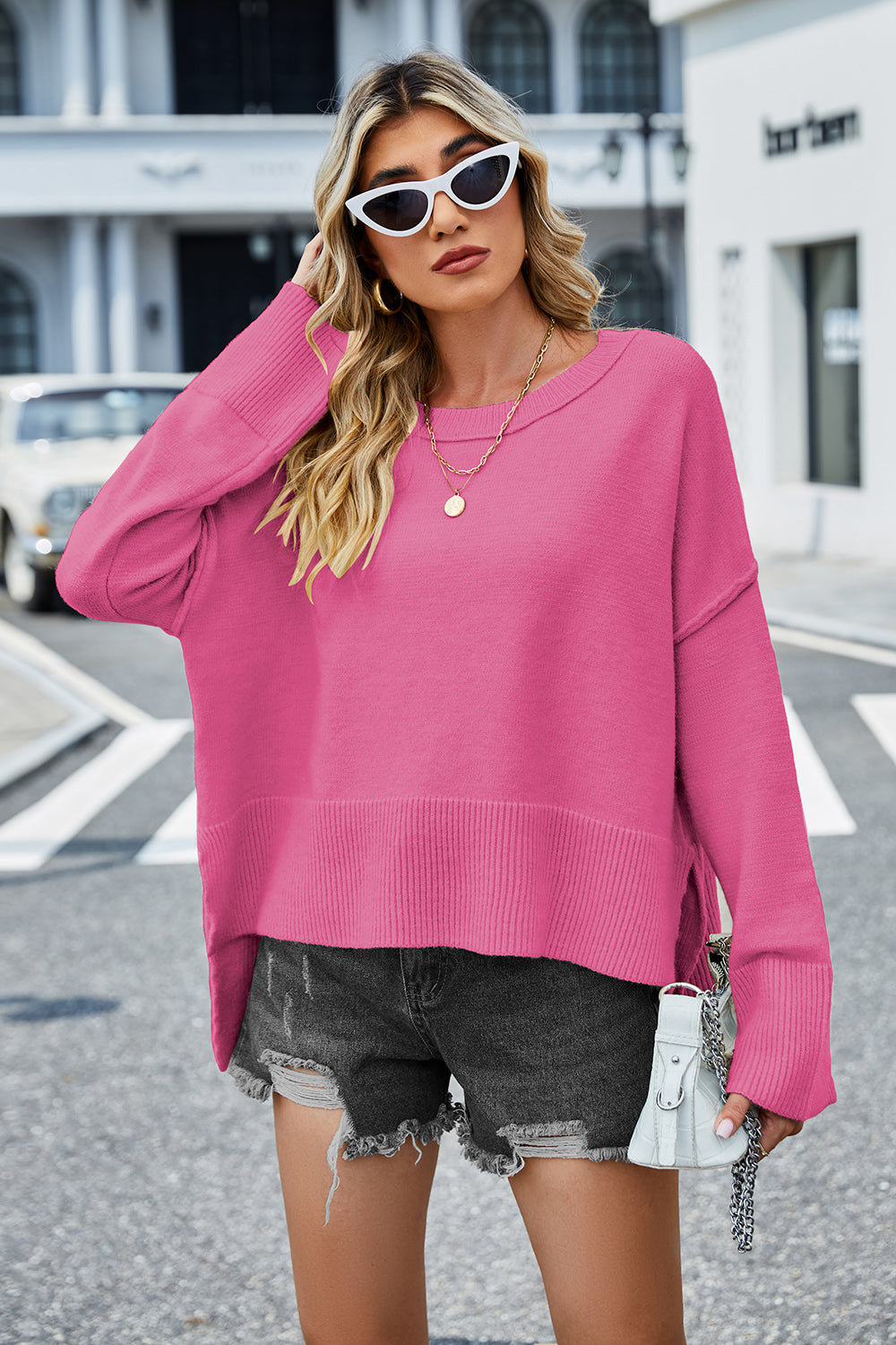 High-Low Slit Round Neck Long Sleeve Sweater