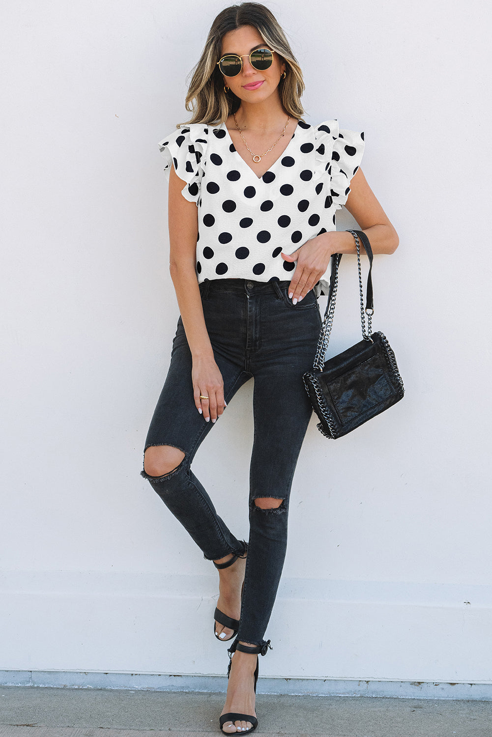 White Polka Dot Print Ruffled Sleeve V Neck Blouse