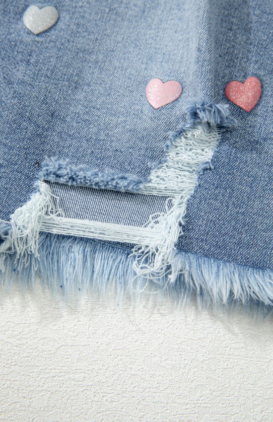 Distressed Raw Hem Heart Denim Skirt