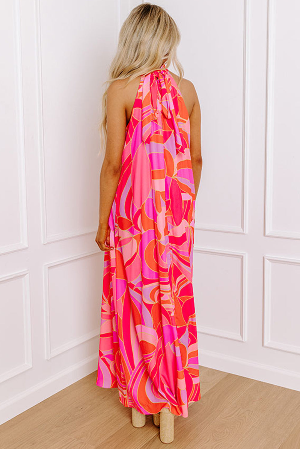 Rose Abstract Printed High Neck Knotted Nape Sleeveless Maxi Dress