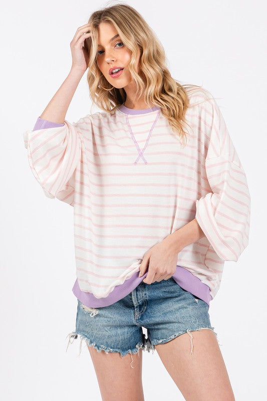 Ces Femme Striped Round Neck Drop Shoulder Sweatshirt