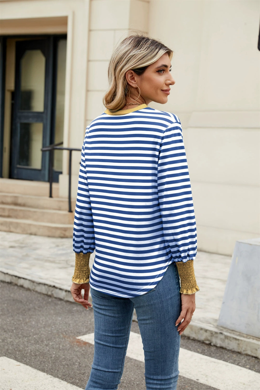 Contrast Striped Notched Long Sleeve Top