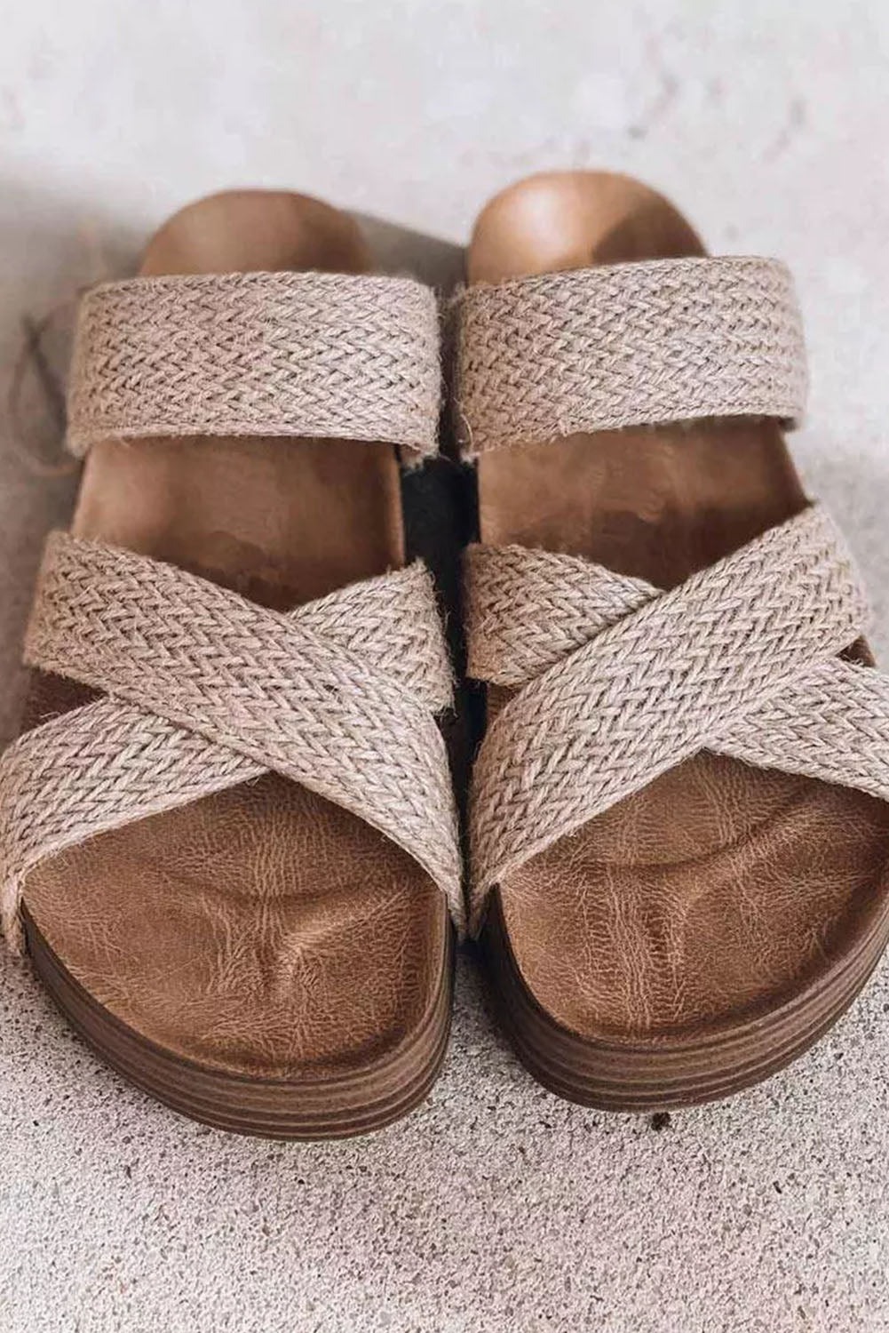 Beige Woven Cross Criss Hollowed Slip-On Slippers