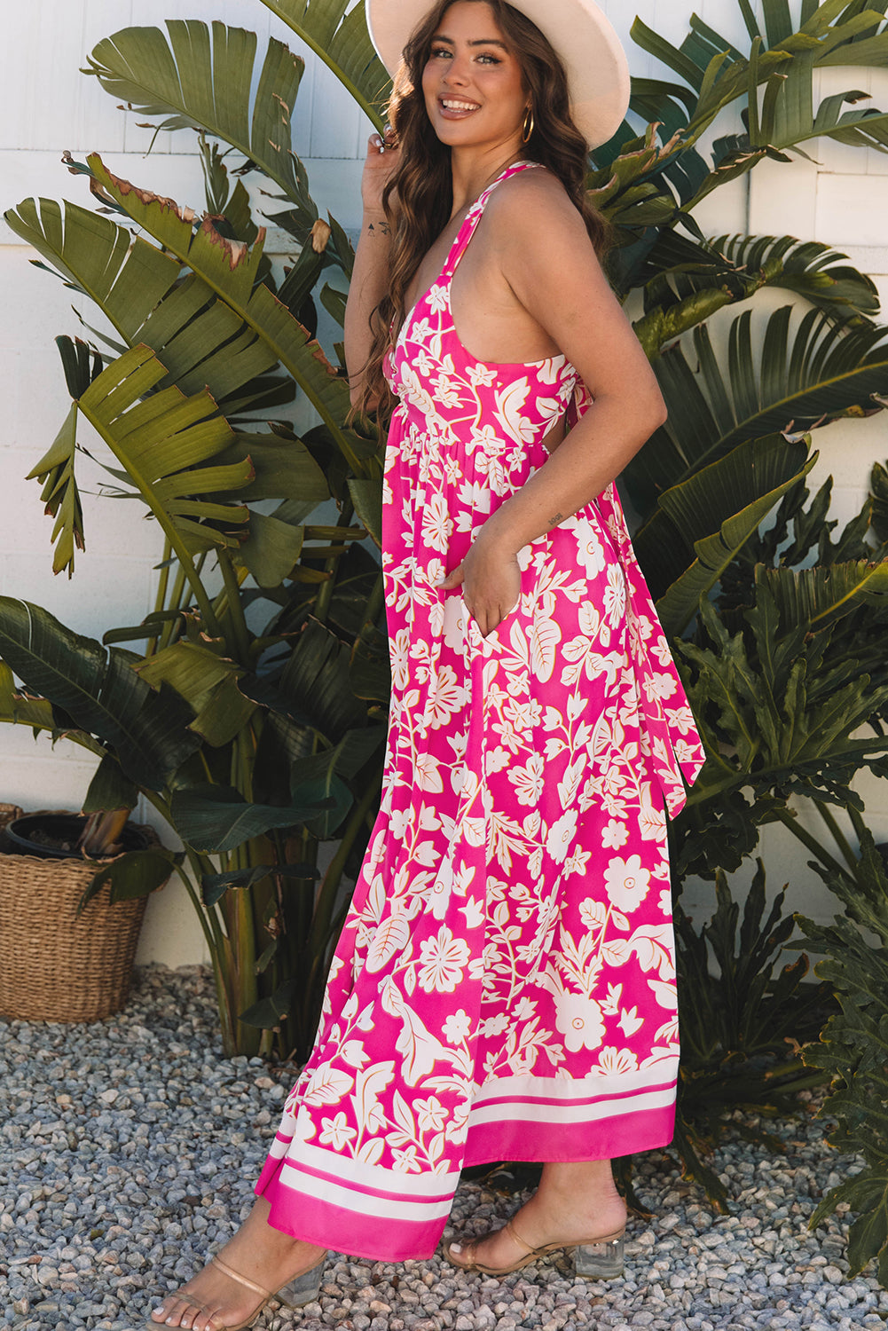 Rose Floral V Neck Crisscross Backless Maxi Dress