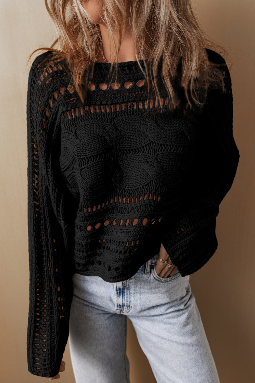 Black Hollow-out Cable Knit Cropped Sweater