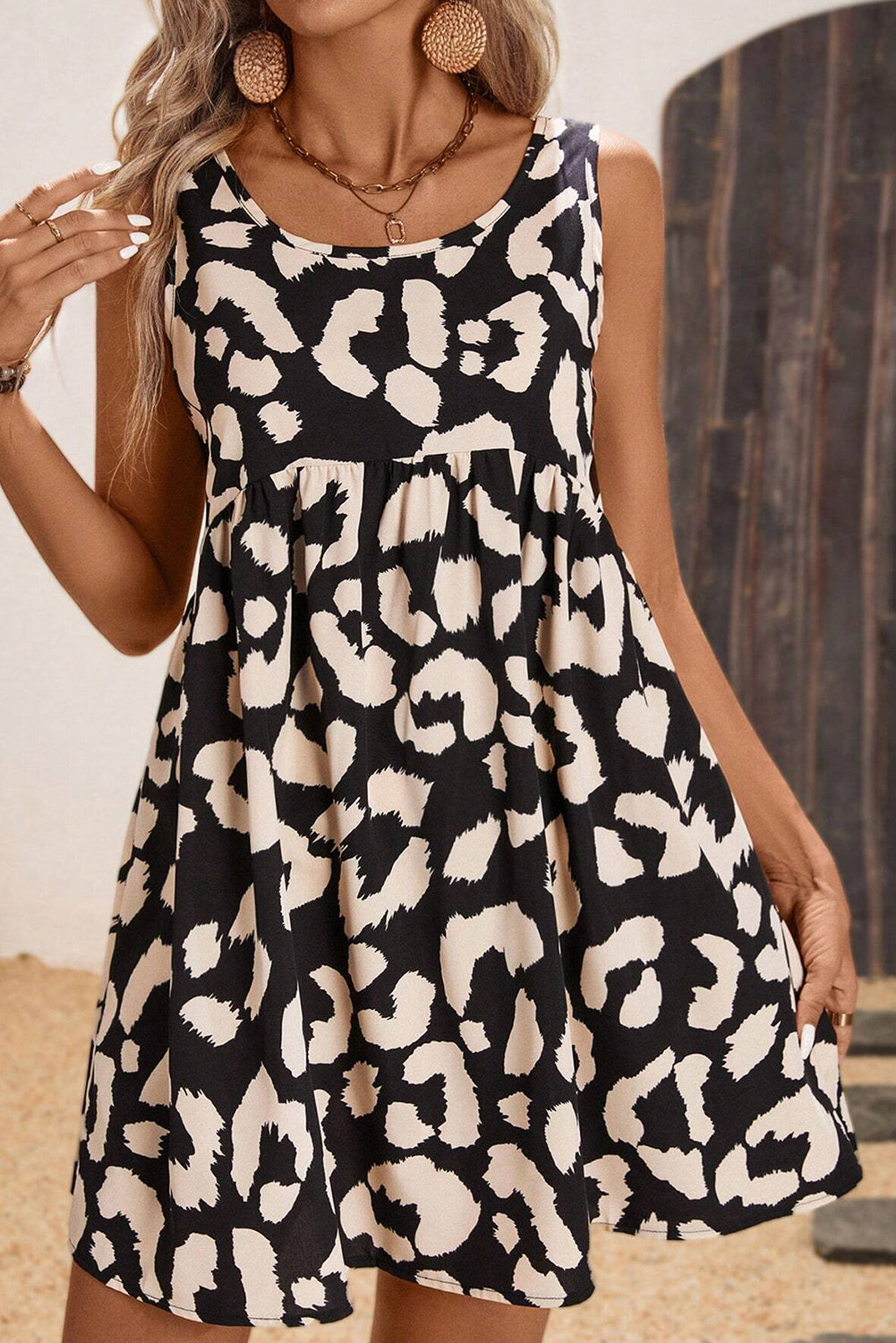 Black Leopard Print U Neck Sleeveless High Waist Dress